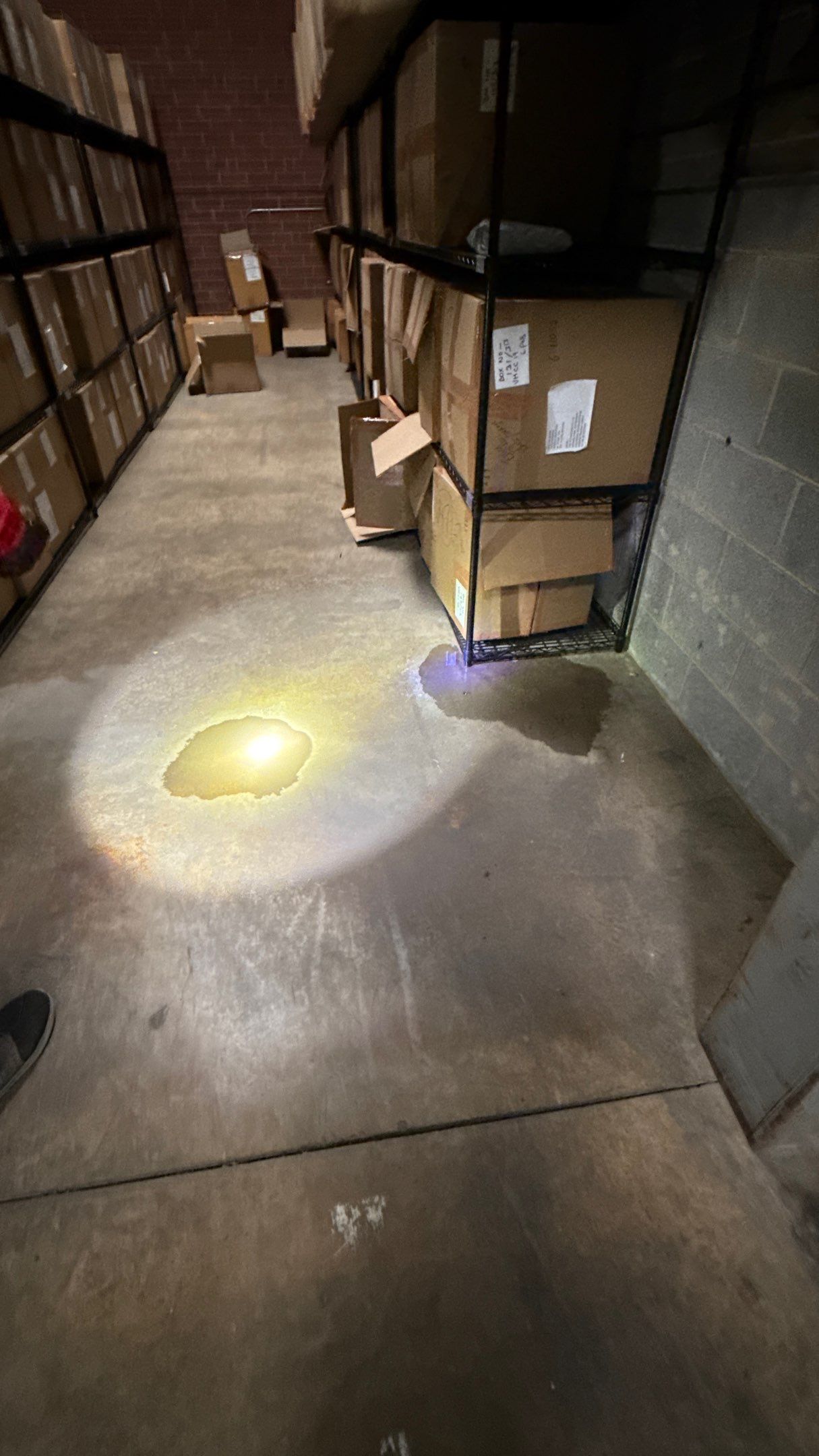 Water pooling on warehouse concrete floor from roof leak